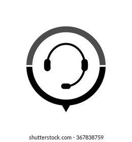 Headphone for support - black vector icon; map pointer;  message bubble