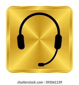 Headphone for support or service - black vector icon ; gold button
