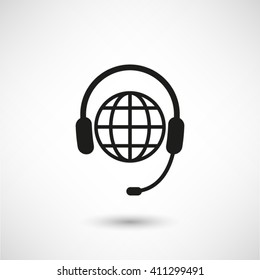 Headphone for support or service - black vector  icon with shadow