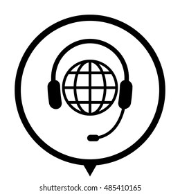 Headphone for support or service - black vector  icon; map pointer