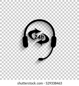 Headphone for support or service - black vector  icon with shadow