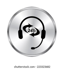 Headphone for support or service icon - vector brushed metal button