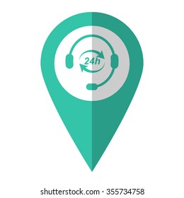 Headphone for support or service - vector icon;  green map pointer