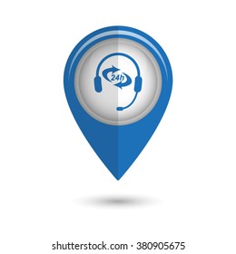 Headphone for support or service - vector icon;  blue map pointer