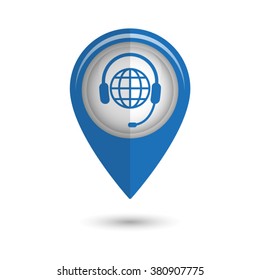 Headphone for support or service - vector icon;  blue map pointer