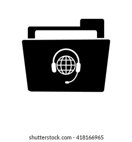 Headphone for support or service - white vector icon;  black folder