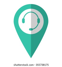 Headphone for support - vector icon;  green map pointer