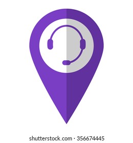Headphone for support - vector icon;  violet map pointer