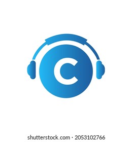 Headphone Template On C Letter. Letter C Music Logo Design. Dj Music And Podcast Logo Design Headphone Concept