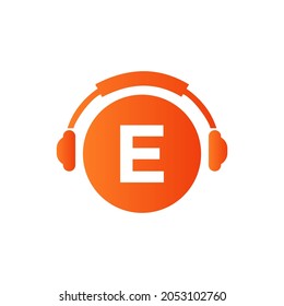 Headphone Template On E Letter. Letter E Music Logo Design. Dj Music And Podcast Logo Design Headphone Concept
