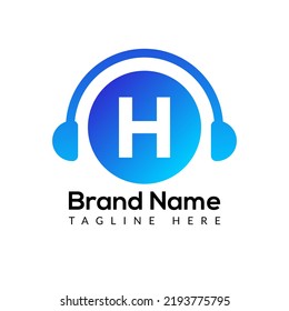 Plantilla De Auriculares En Letra H.Concepto De Auriculares Con Logotipo De Música Y Podcast