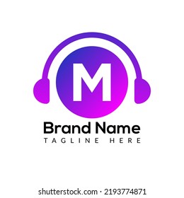 Headphone Template On M Letter.Music And Podcast Logo Design Headphone Concept