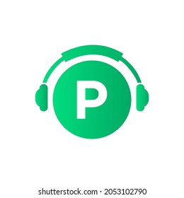 Headphone Template On P Letter. Letter P Music Logo Design. Dj Music And Podcast Logo Design Headphone Concept