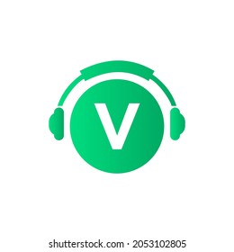 Headphone Template On V Letter. Letter V Music Logo Design. Dj Music And Podcast Logo Design Headphone Concept