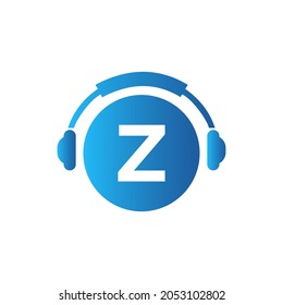 Headphone Template On Z Letter. Letter Z Music Logo Design. Dj Music And Podcast Logo Design Headphone Concept