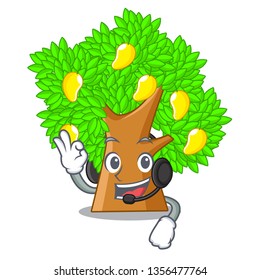 With headphone toy cartoon mango tree above table