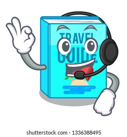 With headphone travel guide book above table cartoon