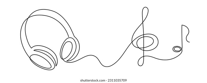 Headphone with treble clef and musical note one line art,hand drawn device gadget continuous contour.Listening music wireless online concept,audition songs technology.Editable stroke.Isolated.Vector