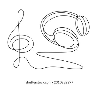 Headphone with treble clef one line art,hand drawn device gadget continuous contour.Listening music wireless online concept,audition songs technology.Editable stroke.Isolated.Vector
