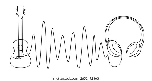 Fechadura aguda do ukulele do fone de ouvido e nota musical uma arte de linha, dispositivo desenhado à mão desenho do dispositivo contorno contínuo. Ouvir música, tecnologia de músicas de audição, melodia de contorno de guitarra acústica. Editável 
