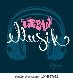 Headphone urban musik hand drawing, grunge vector illustration.