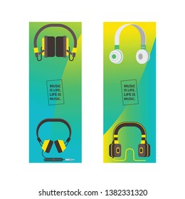 Headphone vector headset listening to stereo sound music earphones and modern audio dj equipment illustration set of backdrop pattern headgear volume device technology background banner.