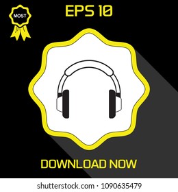 Headphone Vector Icon in flat style, on black and yellow background, isolated, illustration for applications and web templates.
