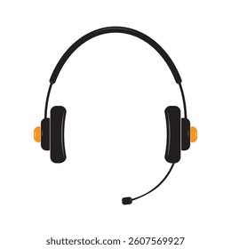 Headphone vector icon with microphone. Earphone headset black and yellow color vector sign symbol. Headset icon isolated on white background.