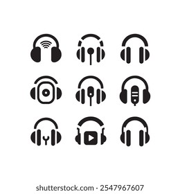 Conjunto de iconos de Vector de auriculares, auriculares de audio, auriculares, auriculares de Vector, equipo de voz