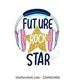 Headphone vector illustration for t-shirt design with slogan. Vector illustration design for fashion fabrics, textile graphics, prints.