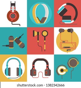 Headphone vector seamless pattern headset listening to stereo sound music earphones and modern audio dj equipment illustration set of backdrop headgear volume device technology background.