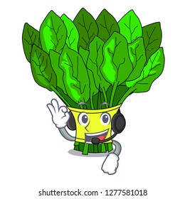 With headphone vegetables spinach isolated on the mascot