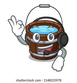 With headphone wooden bucket mascot cartoon