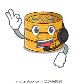 With headphone wooden steamed food container on cartoon