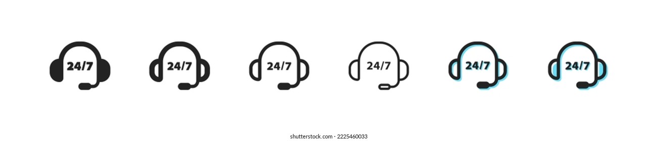 Headphones with 24 on 7 set icon. Listen to music, misical, statement, operator, call center, support service, operator. Hotline concept. Vector black line icon on white background