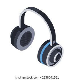 Headphones 3d icon, music listening device. Electronic technological equipment for work and leisure, audio gadget, headset. Isolated object on white background. Vector illustration in isometric style