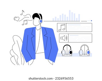 Ilustración vectorial de concepto abstracto de audífonos. Hombre en auriculares escuchando música, gran sonido, tecnología móvil, innovación de gadgets, relajación con accesorios metáforas abstractas.