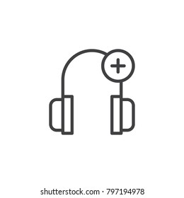 Headphones add line icon, outline vector sign, linear style pictogram isolated on white. Symbol, logo illustration. Editable stroke