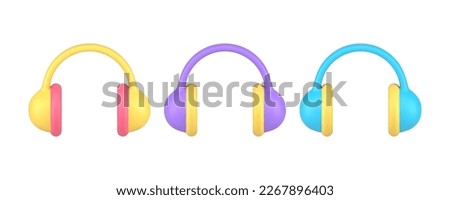 Headphones audio broadcasting media music entertainment DJ stereo sound 3d icon set realistic vector illustration. Earphones multimedia melody bass listening musical acoustic digital technology