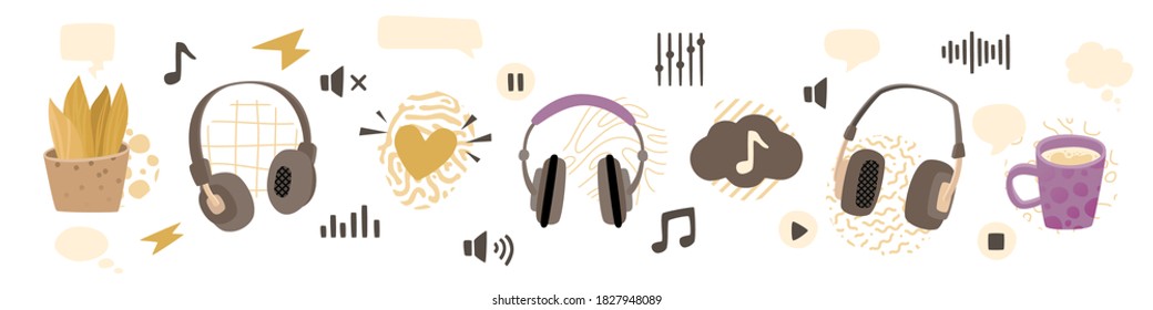 Headphones and audio elements set. Media and entertainment vector concept