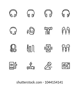 Headphones and audio equipment icon set in outline style