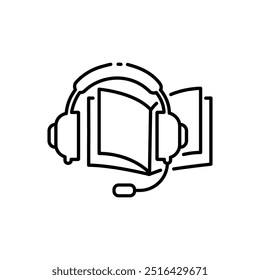 Fones de ouvido com ícone de audiobook, ouça áudio educação, livro guia de som, símbolo de linha fina isolado no fundo branco, traço editável.