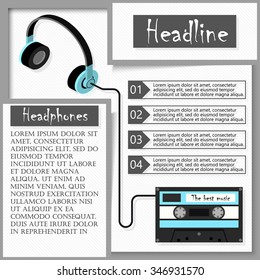 Headphones and audiocassette. Infographics. Vector Illustration