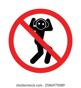 headphones ban icon, stick figure man isolated, human silhouette, listening to music stickman, prohibition sign, isolated on transparent