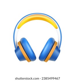 Auriculares bajo la música acústica escuchando el equipo DJ azul amarillo Icono 3d ilustración vectorial realista. audífonos clásicos audífonos personales transmisión de sonido portátil tecnología moderna