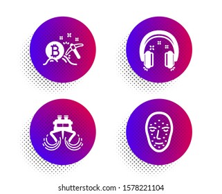 Headphones, Bitcoin mining and Ship icons simple set. Halftone dots button. Face biometrics sign. Earphones, Cryptocurrency pickaxe, Shipping watercraft. Facial recognition. Technology set. Vector