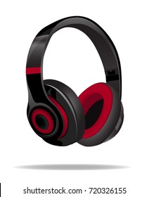 headphones black and red , vector illustration on white background with shadow isolated