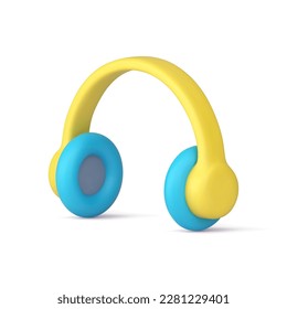Headphones blue acoustic portable accessory music listening 3d icon realistic vector illustration. Earphones electronic device musical stereo sound DJ entertainment hobby radio broadcast technology