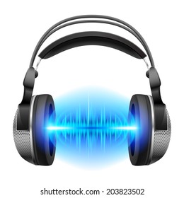Headphones with blue sound waves. Illustration on white background 