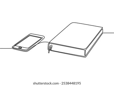 Fones de ouvido e um livro ao lado dele representado em contínuo desenho de uma linha. Conceito de educação destacando a fusão de áudio aprendizagem e leitura.